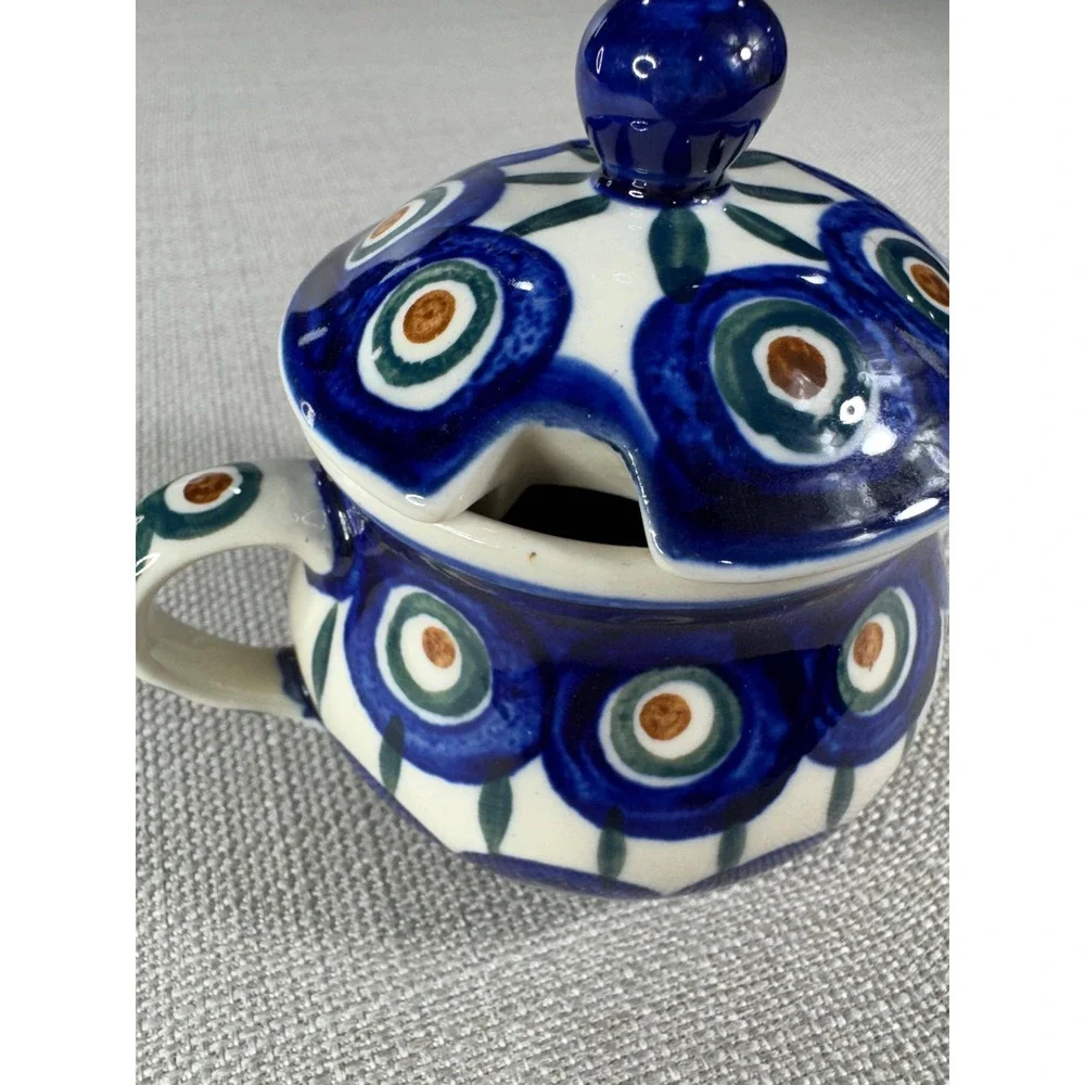 Polish Pottery Peacock Double Handle Sugar Bowl with Lid